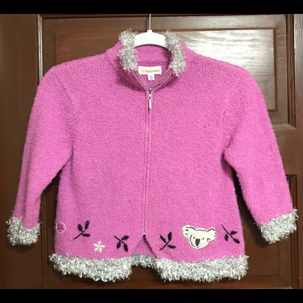 Girls’ Catamini Paris 108/5A (5 US) Sweater Purple-Pink with Gray Trim & Koalas